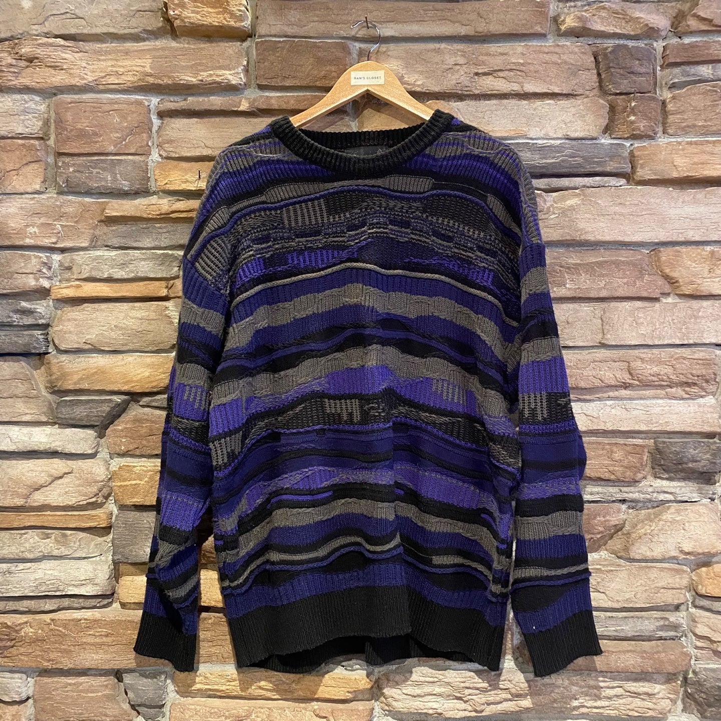 Vintage Coogi Style Flare 3D Knit Sweater | Vintage Sweater | Black and Dark Blue 3D Knit Coogi Style Sweater | Flare Brand | NPQ-2107