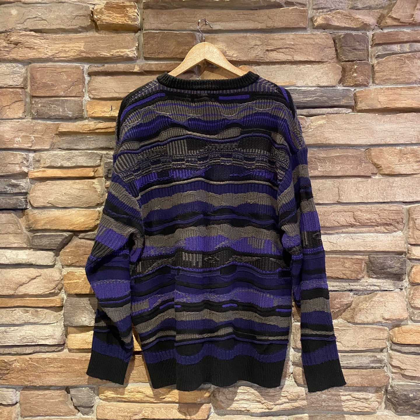 Vintage Coogi Style Flare 3D Knit Sweater | Vintage Sweater | Black and Dark Blue 3D Knit Coogi Style Sweater | Flare Brand | NPQ-2107