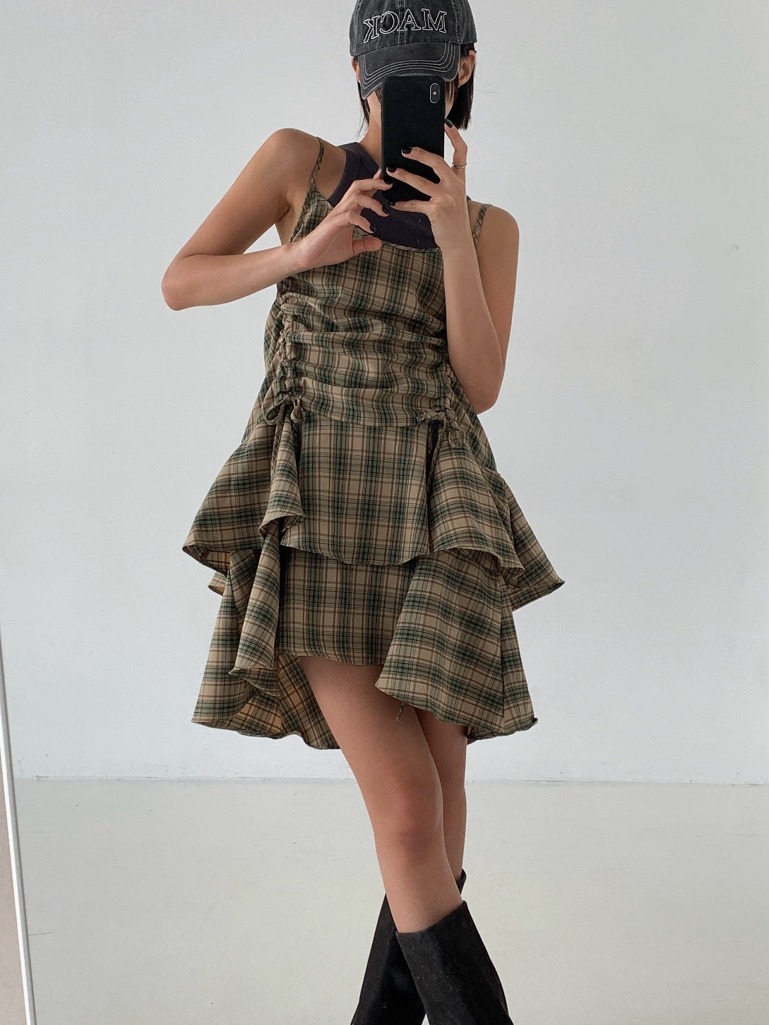 Irregular hem plaid dress