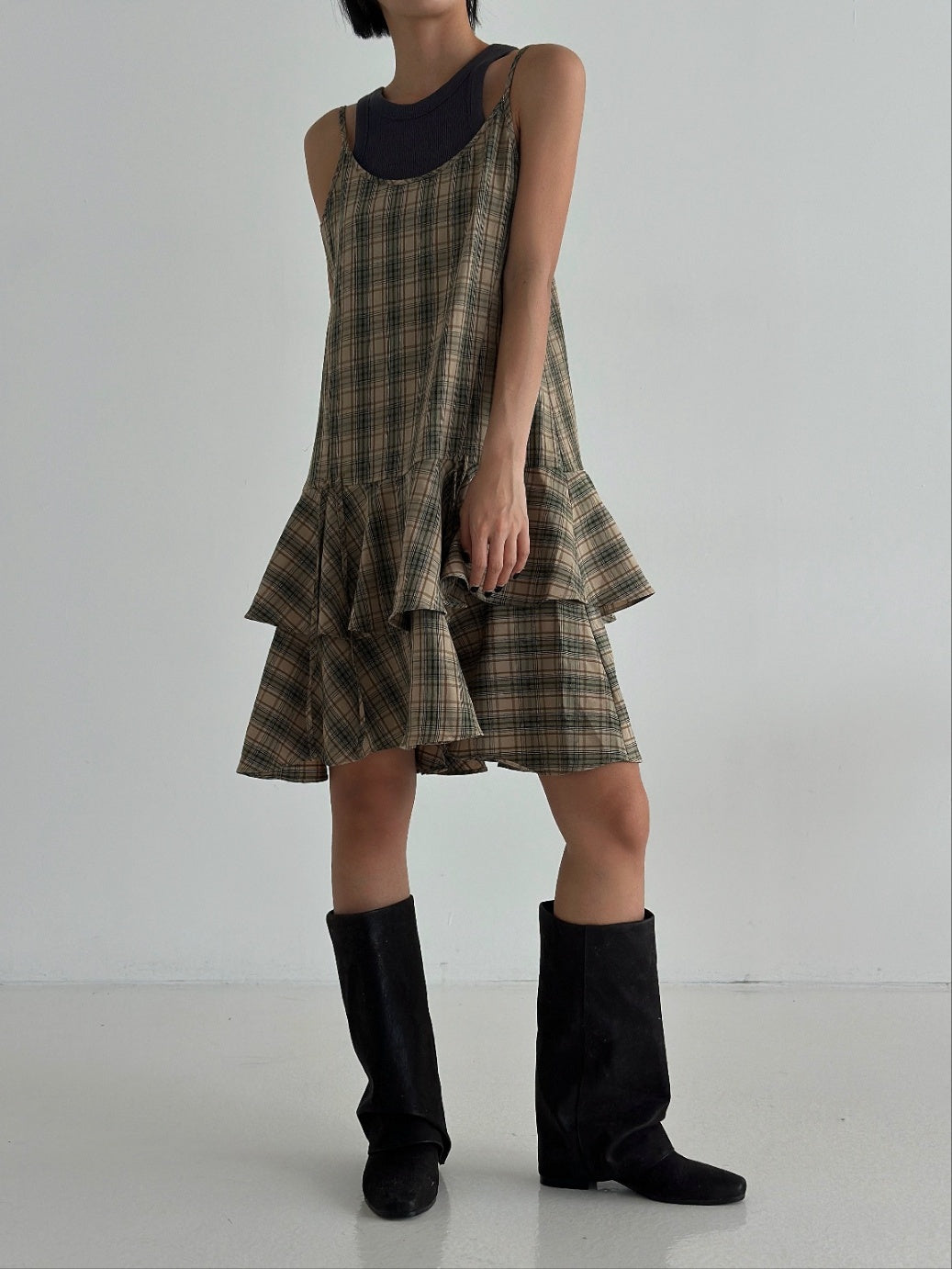 Irregular hem plaid dress