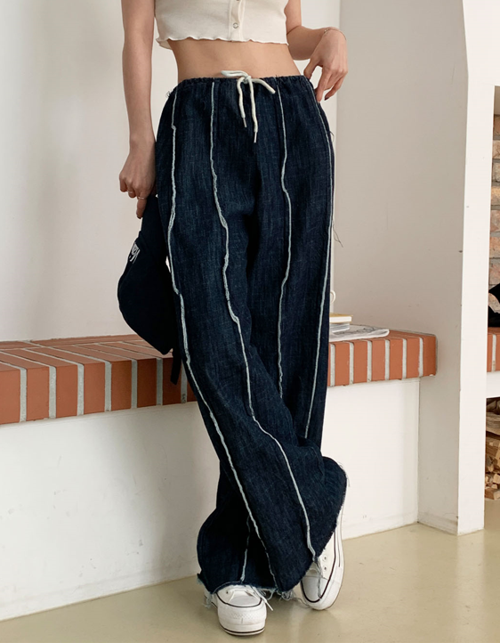 Distressed string denim pants