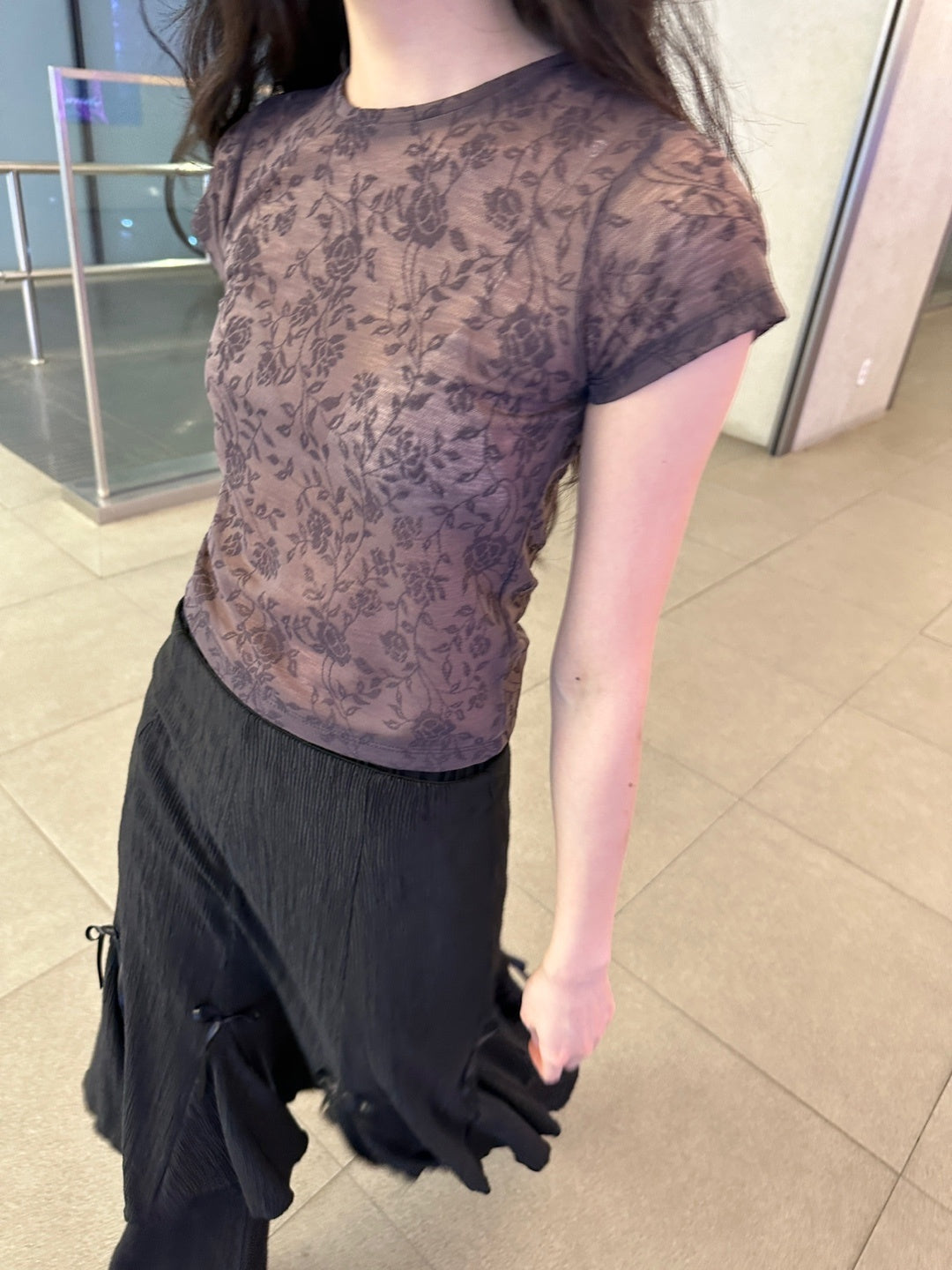 See-through floral pattern mesh top