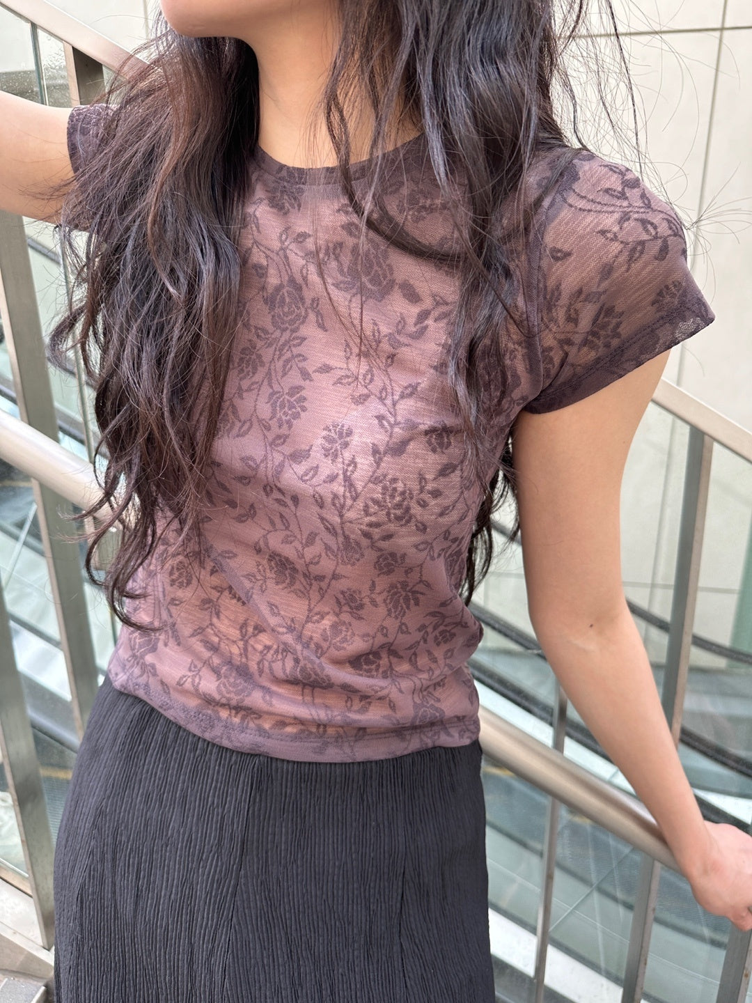 See-through floral pattern mesh top