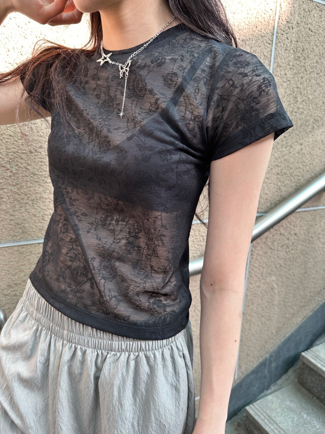 See-through floral pattern mesh top