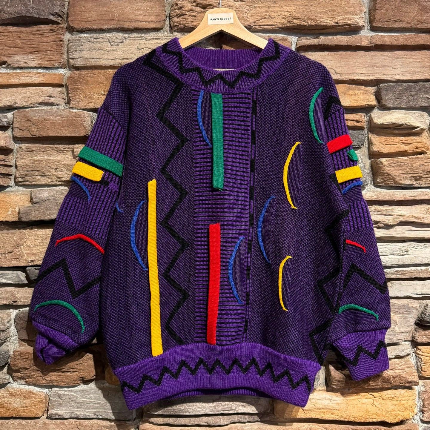 Vintage Andre Luciano Purple and Primary Colour Knit Sweater | Vintage Sweater | Coogi Like Sweater | Coogi | SKU NPQ-2156 |