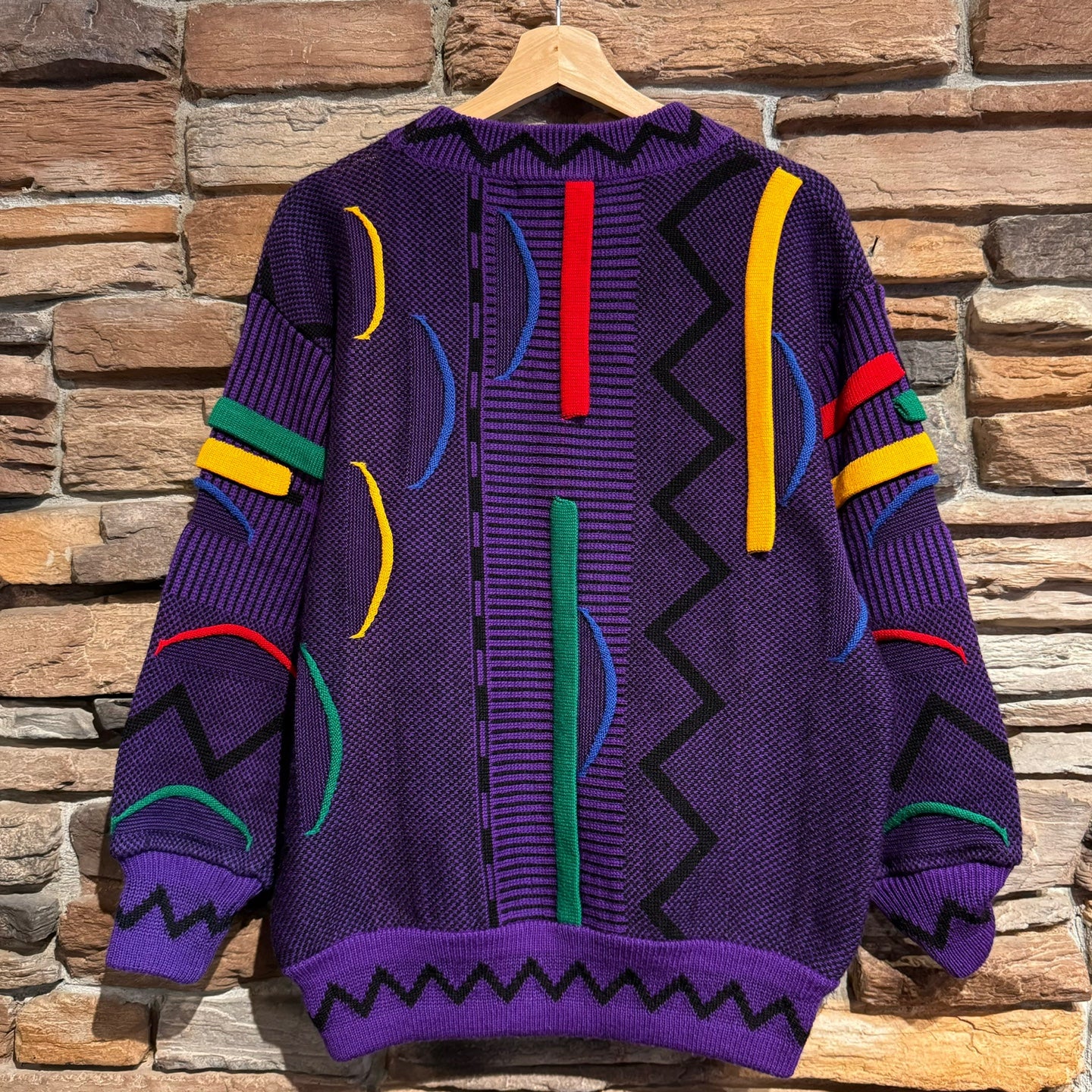 Vintage Andre Luciano Purple and Primary Colour Knit Sweater | Vintage Sweater | Coogi Like Sweater | Coogi | SKU NPQ-2156 |