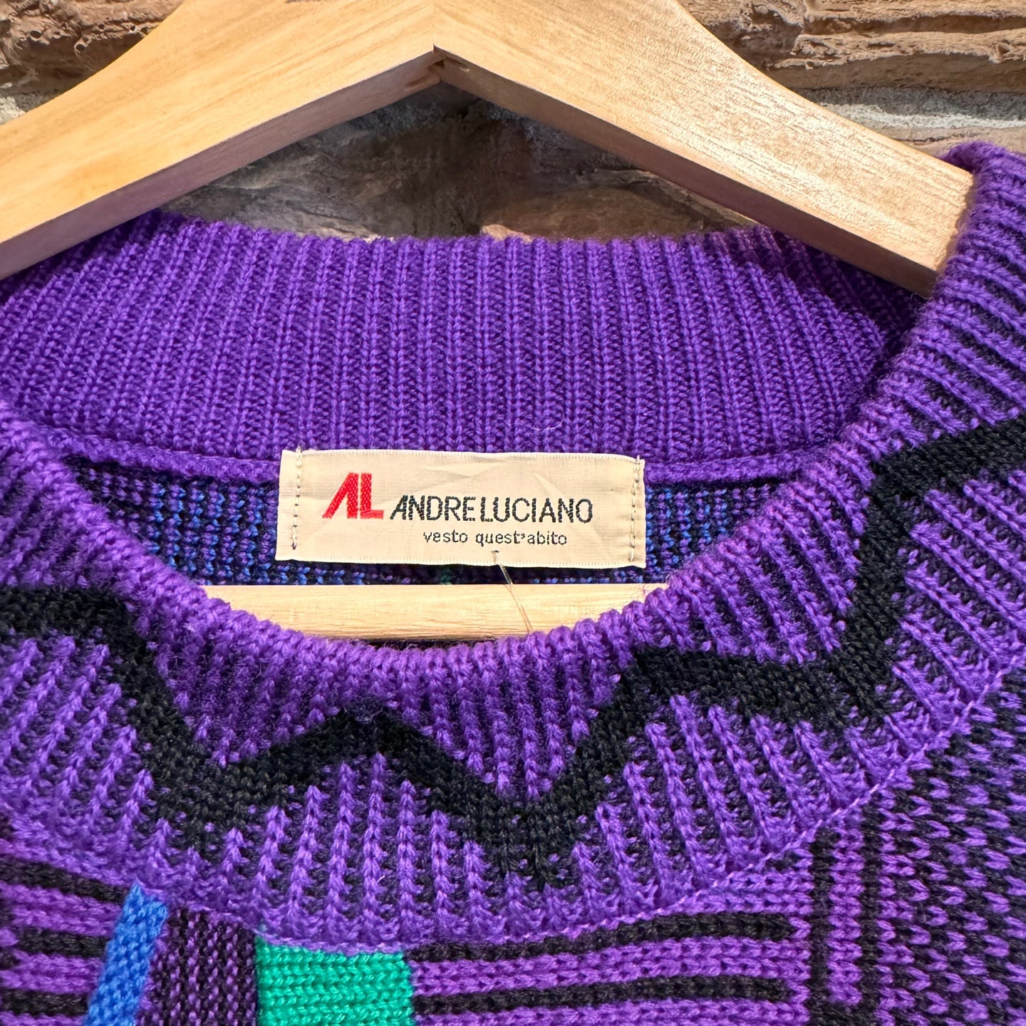 Vintage Andre Luciano Purple and Primary Colour Knit Sweater | Vintage Sweater | Coogi Like Sweater | Coogi | SKU NPQ-2156 |