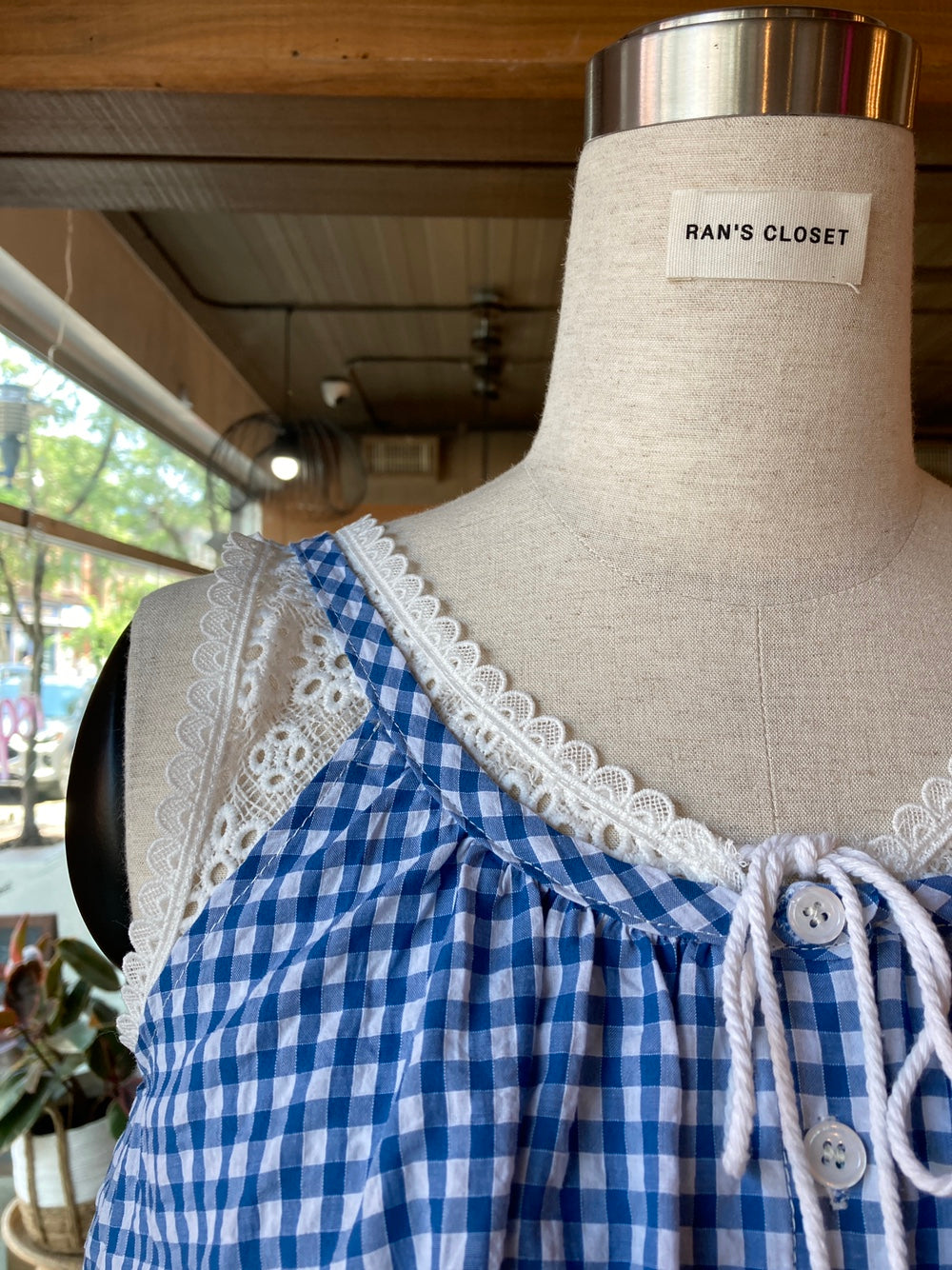 Lace Underlay Gingham Button Up Blouse