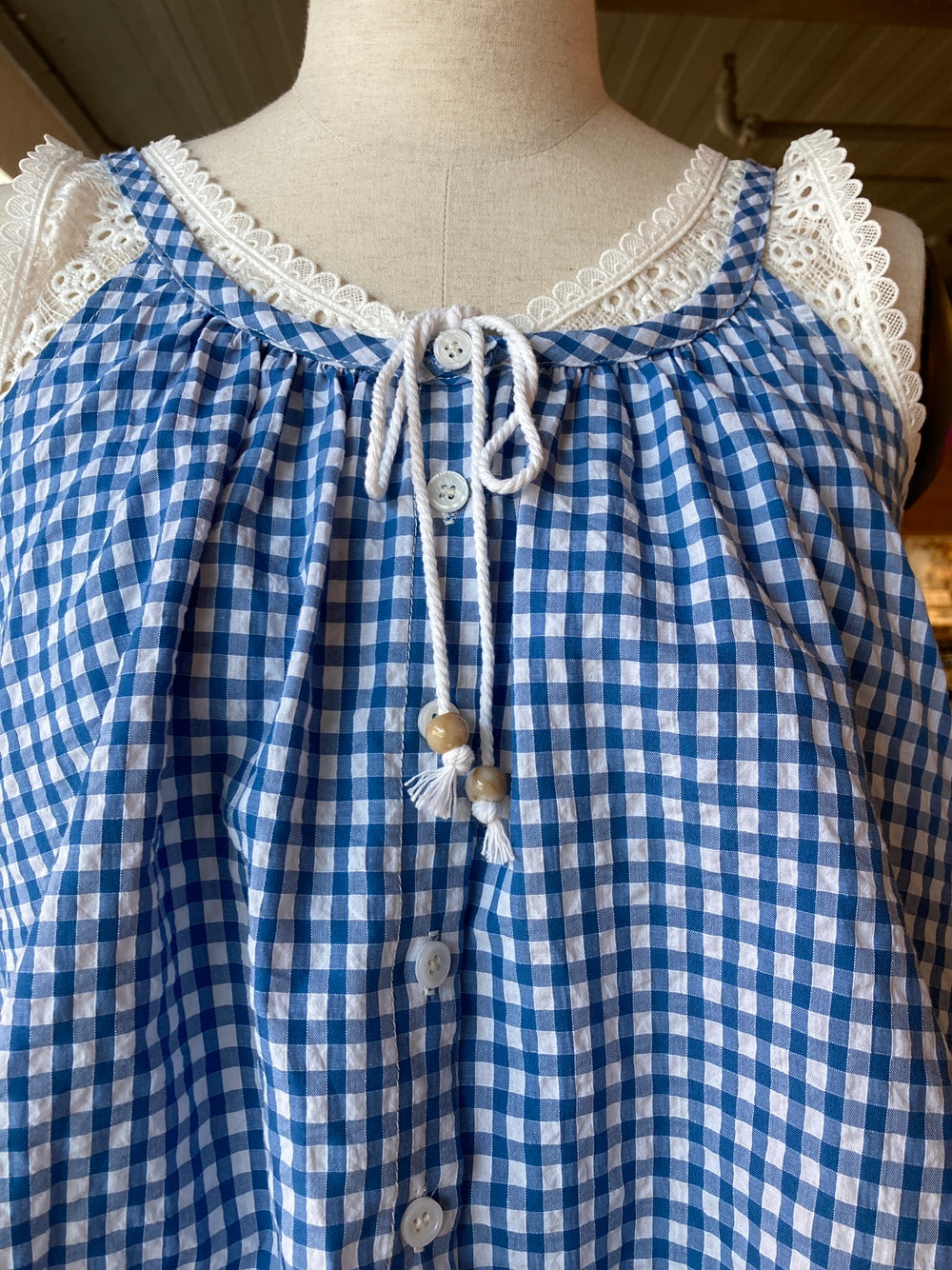 Lace Underlay Gingham Button Up Blouse