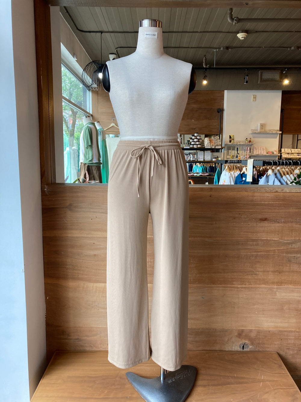 Drawstring Waist Ribbed Wide Leg Pants