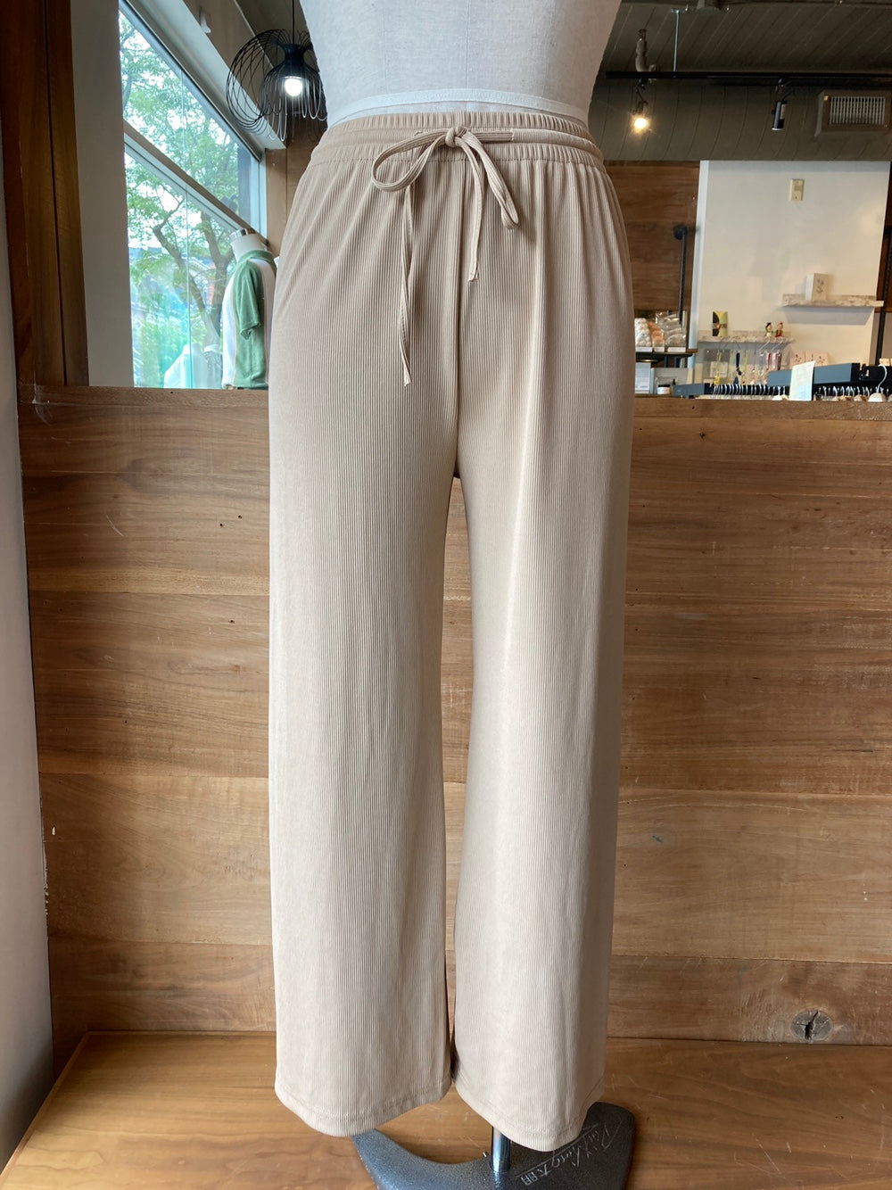 Drawstring Waist Ribbed Wide Leg Pants