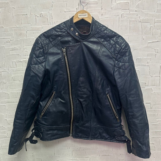 Vintage Distressed Dark Blue Moto Style Leather Jacket