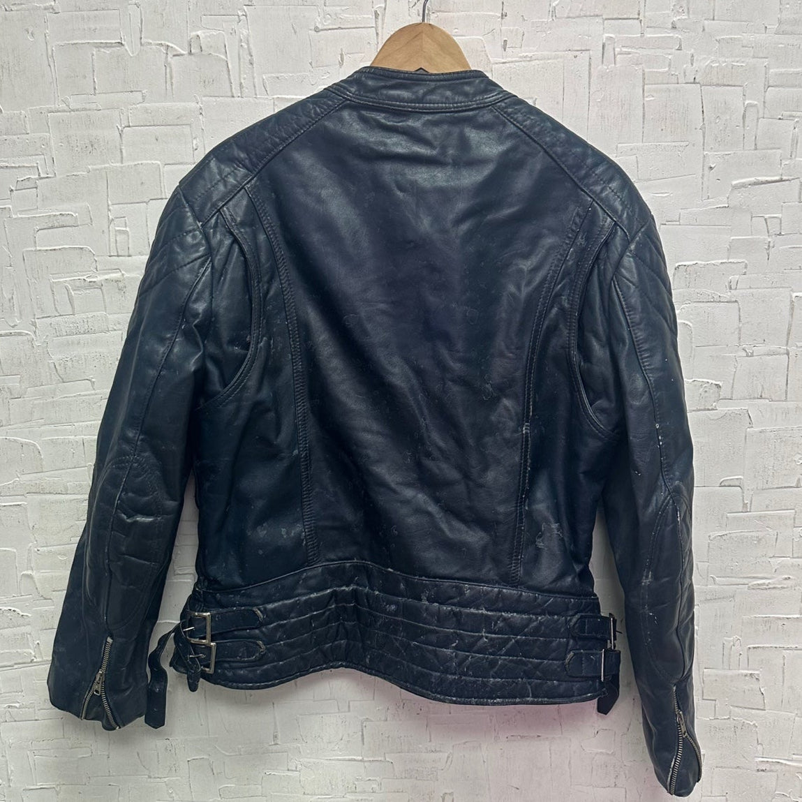 Vintage Distressed Dark Blue Moto Style Leather Jacket