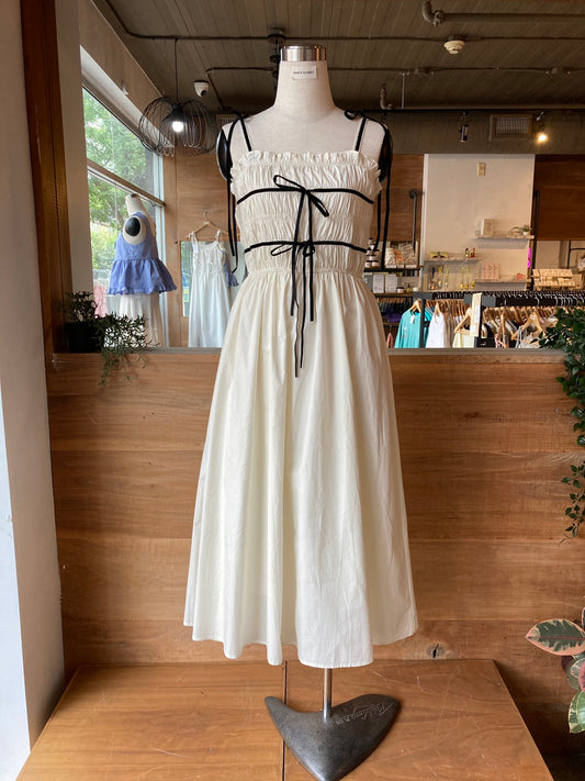 Cream Shirred Dress with Black Ribbon