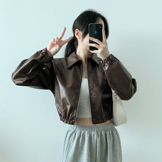 Cropped Large Collar Bomber Jacket