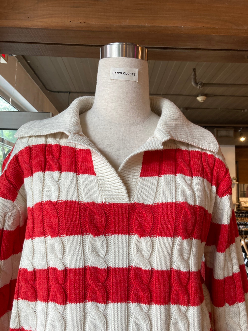 Striped Collared Cable Knit Sweater