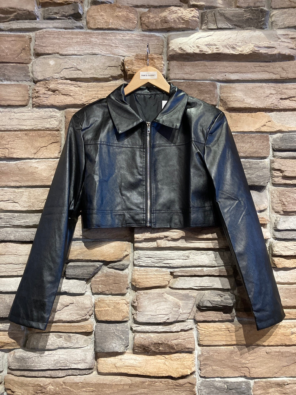 Cropped Collared Vegan Leather Jacket