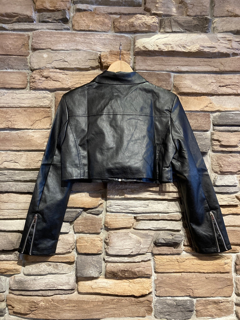 Cropped Collared Vegan Leather Jacket