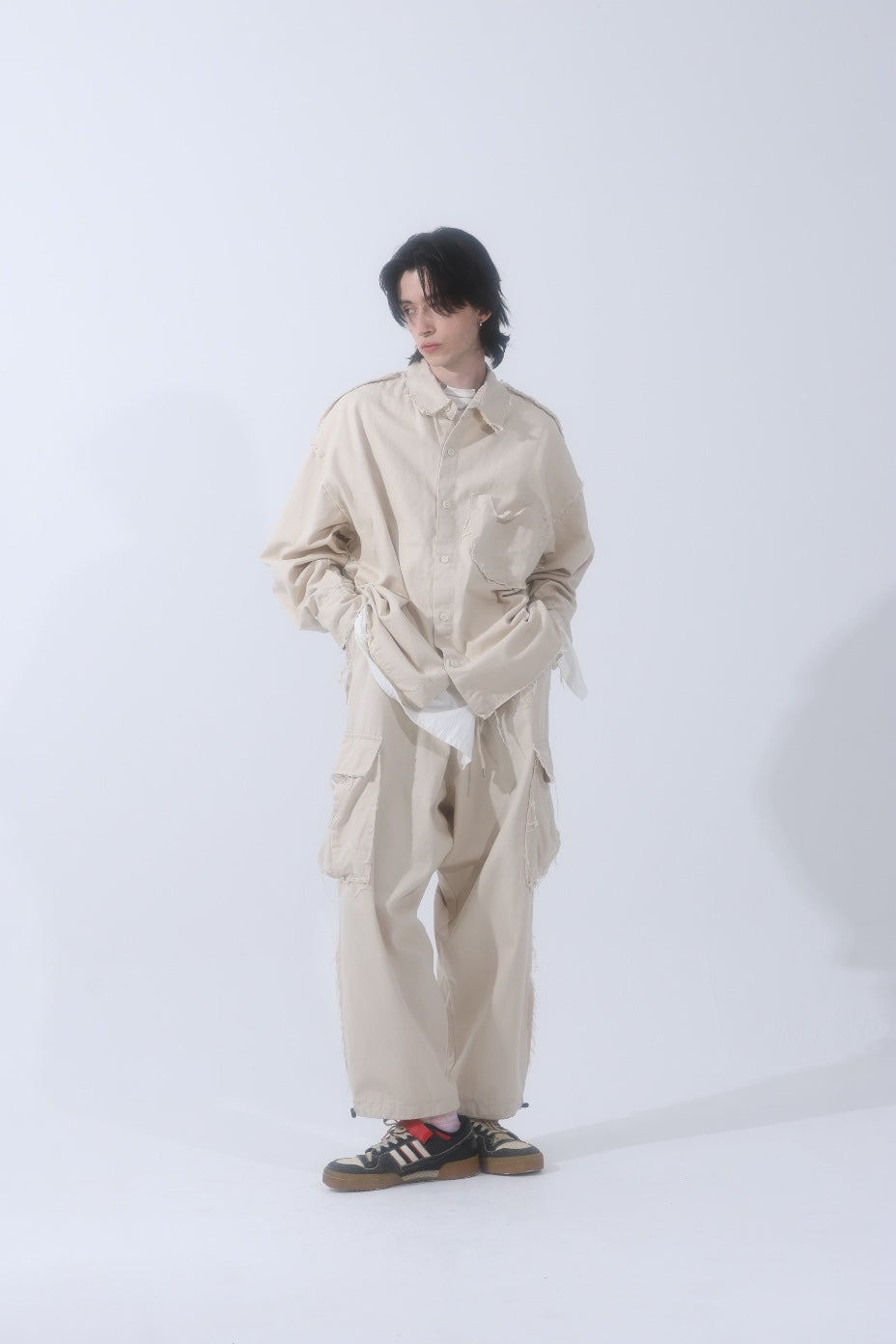 Raw edge men's shirt jacket and pants set