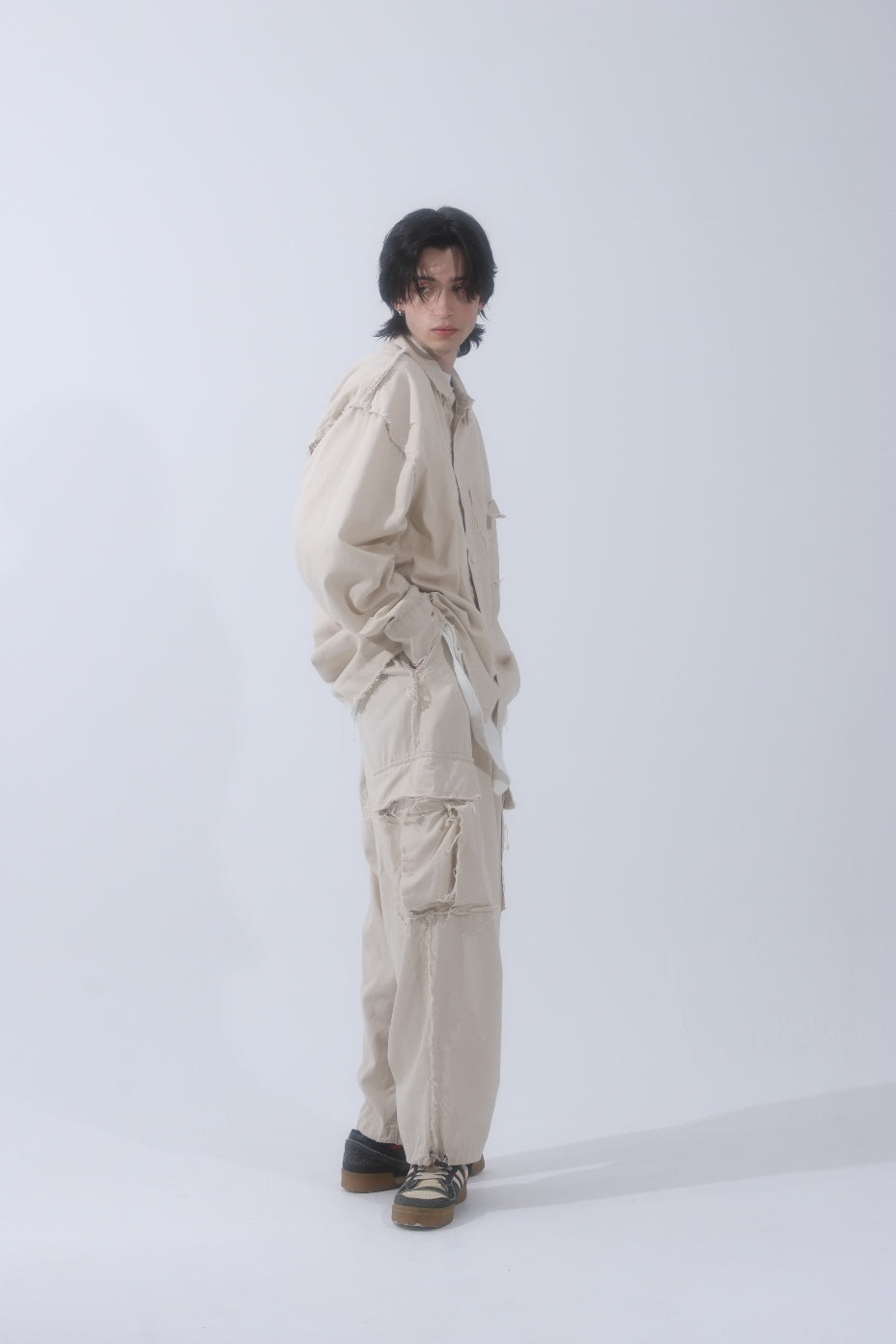 Raw edge men's shirt jacket and pants set