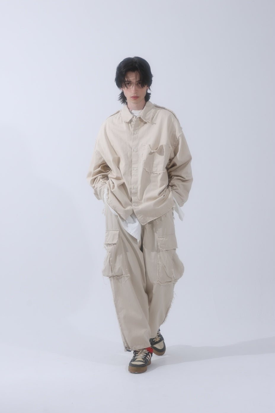 Raw edge men's shirt jacket and pants set