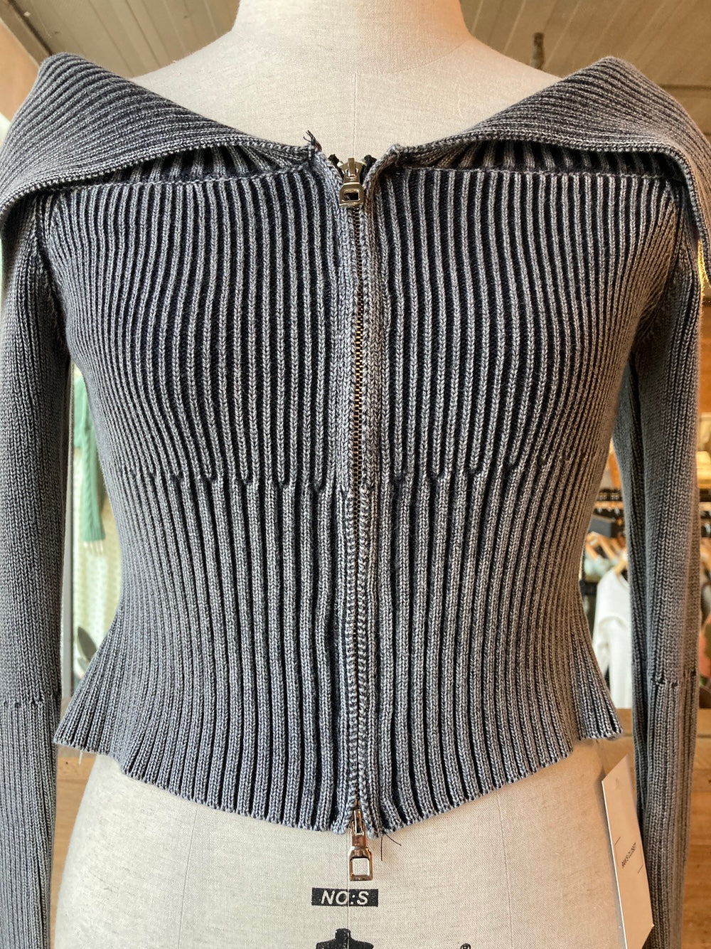 Ribbed Double Zipper Off Shoulder Sweater