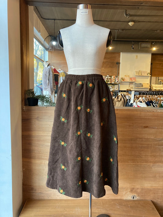 Corduroy A-Line Skirt with Floral Embroidery