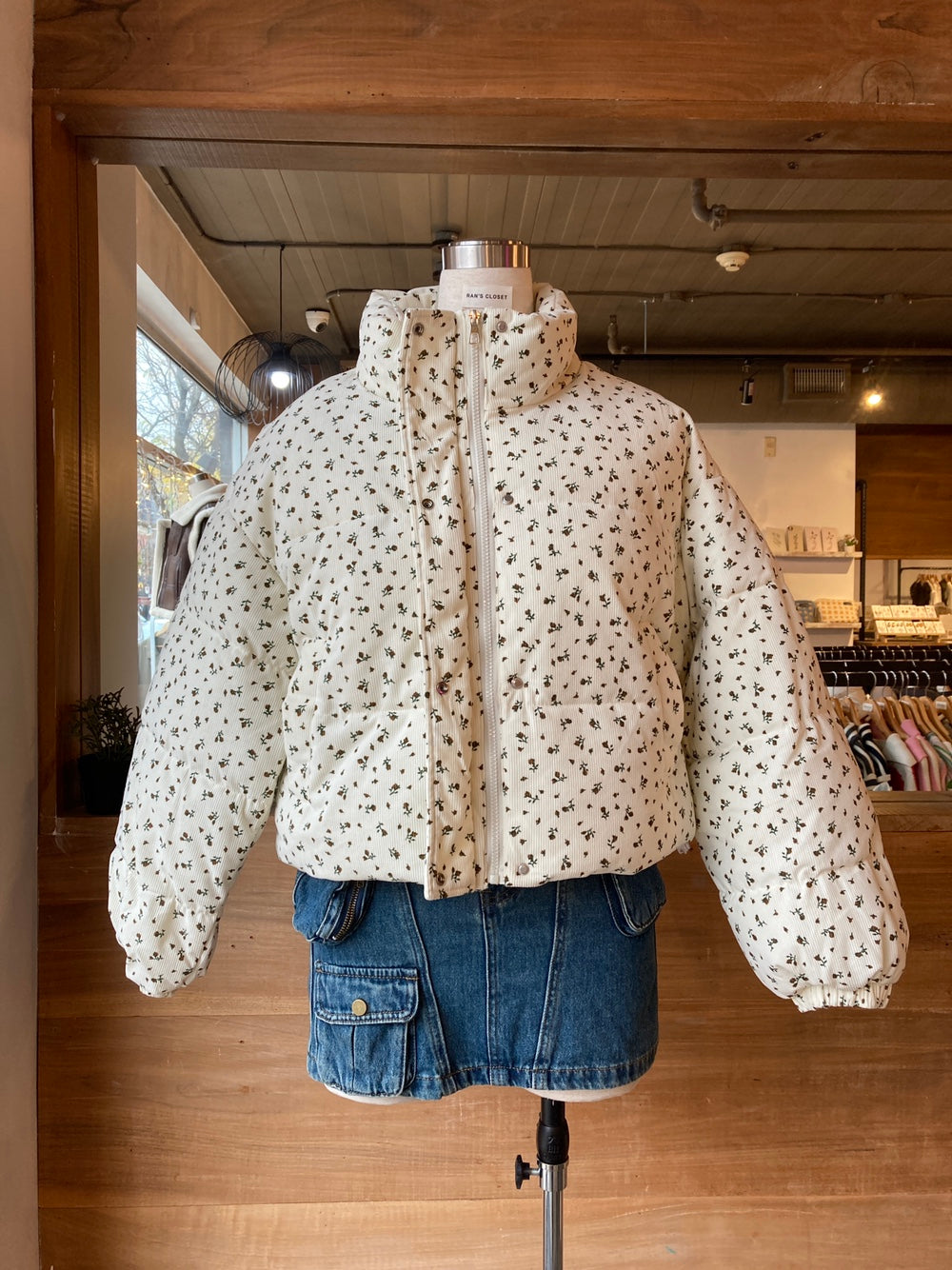 Corduroy Floral Print Puffer Jacket