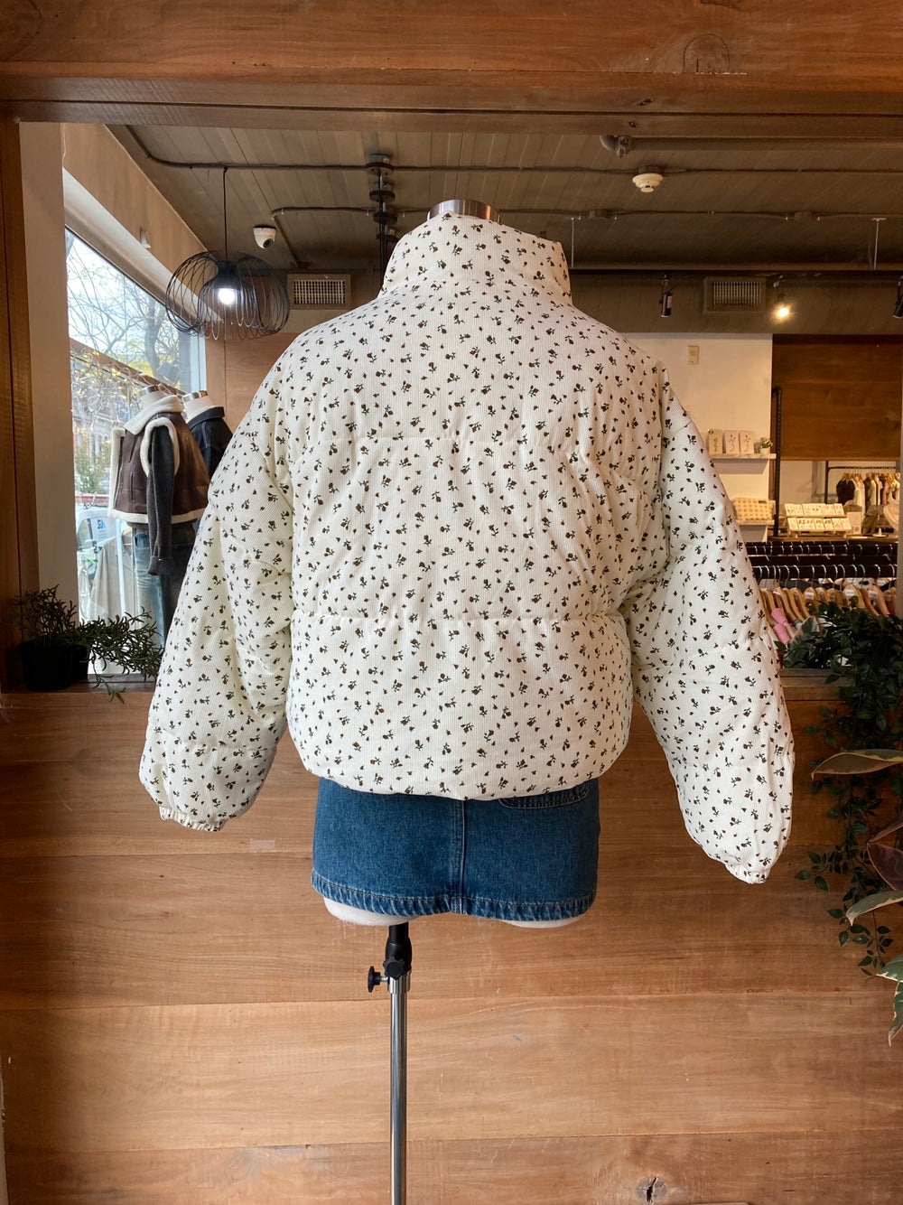 Corduroy Floral Print Puffer Jacket