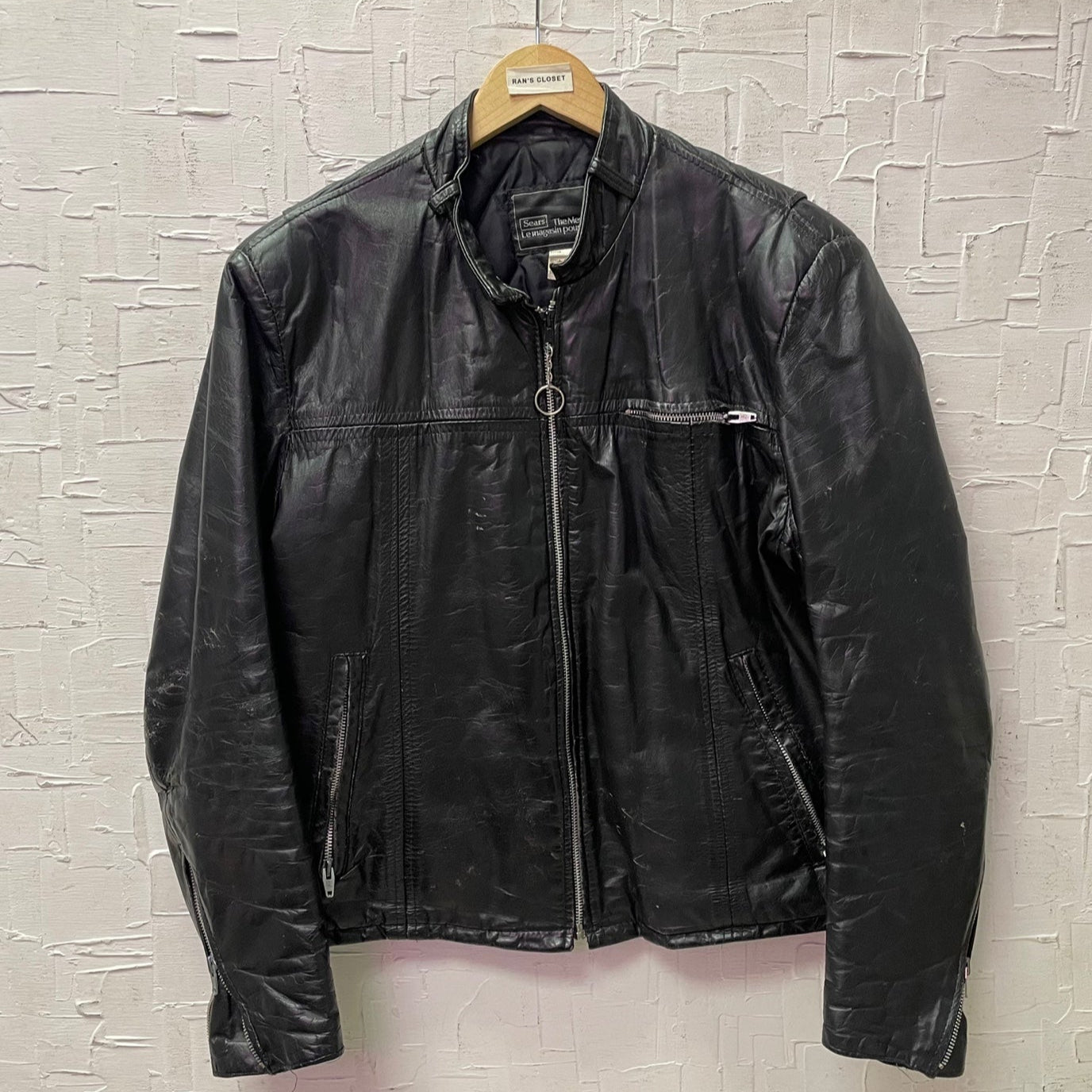 Vintage Sears The Men's Store Distressed Leather Jacket with Zipper Details