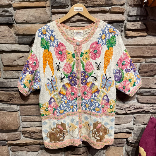 Vintage Susan Bristol Easter Themed Hand Embroidered Short Sleeve Sweater