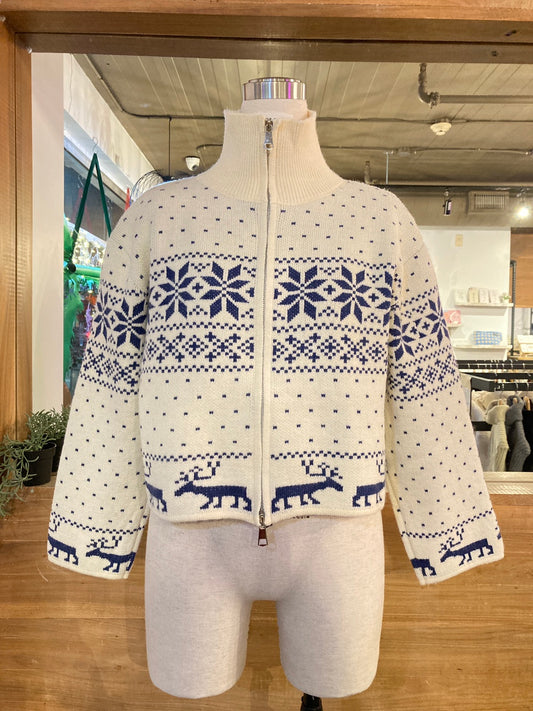 Zip Up Snowflake and Reindeer Christmas Sweater