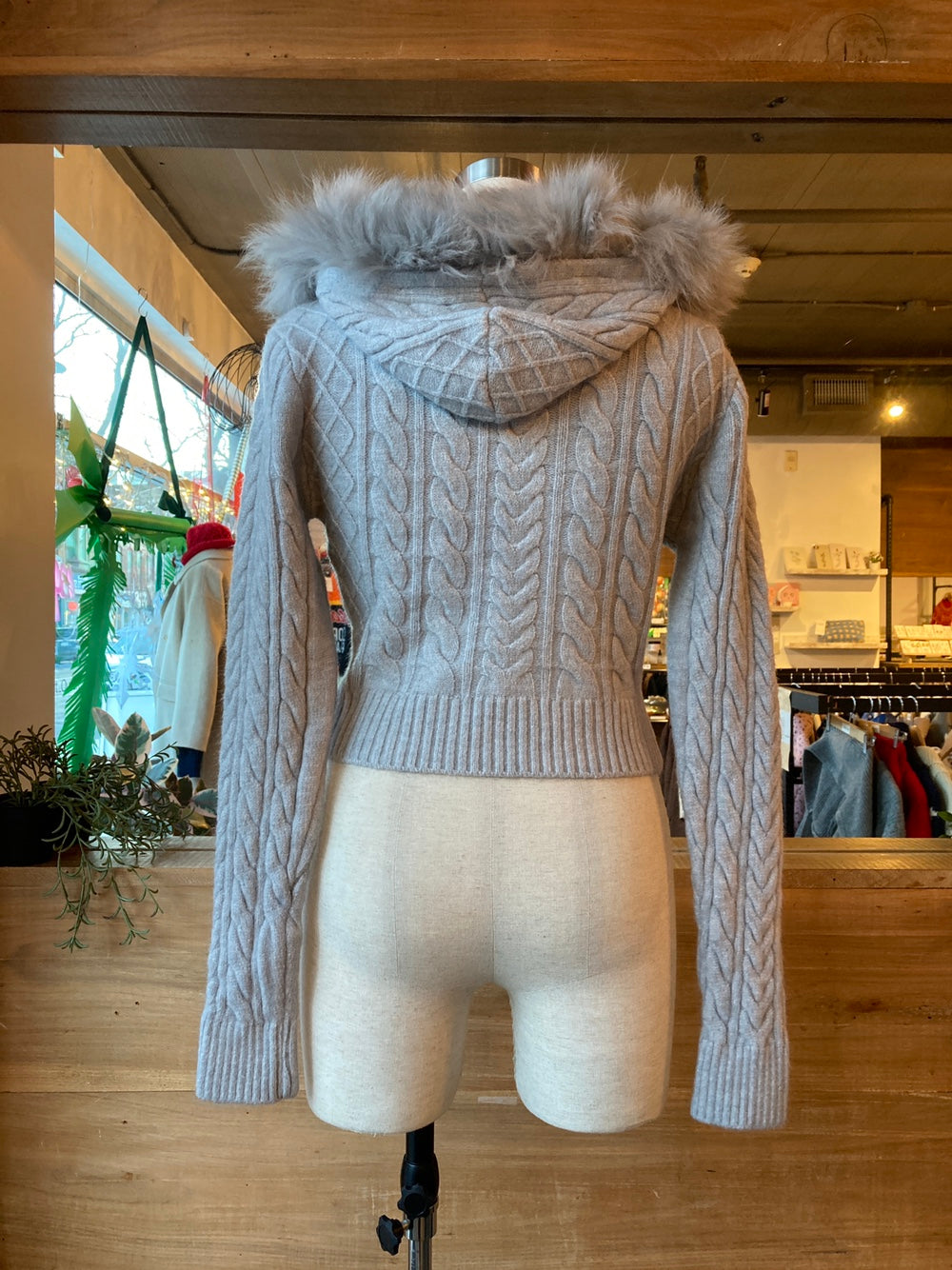 Fur Trim Knit Zip Up Hoodie