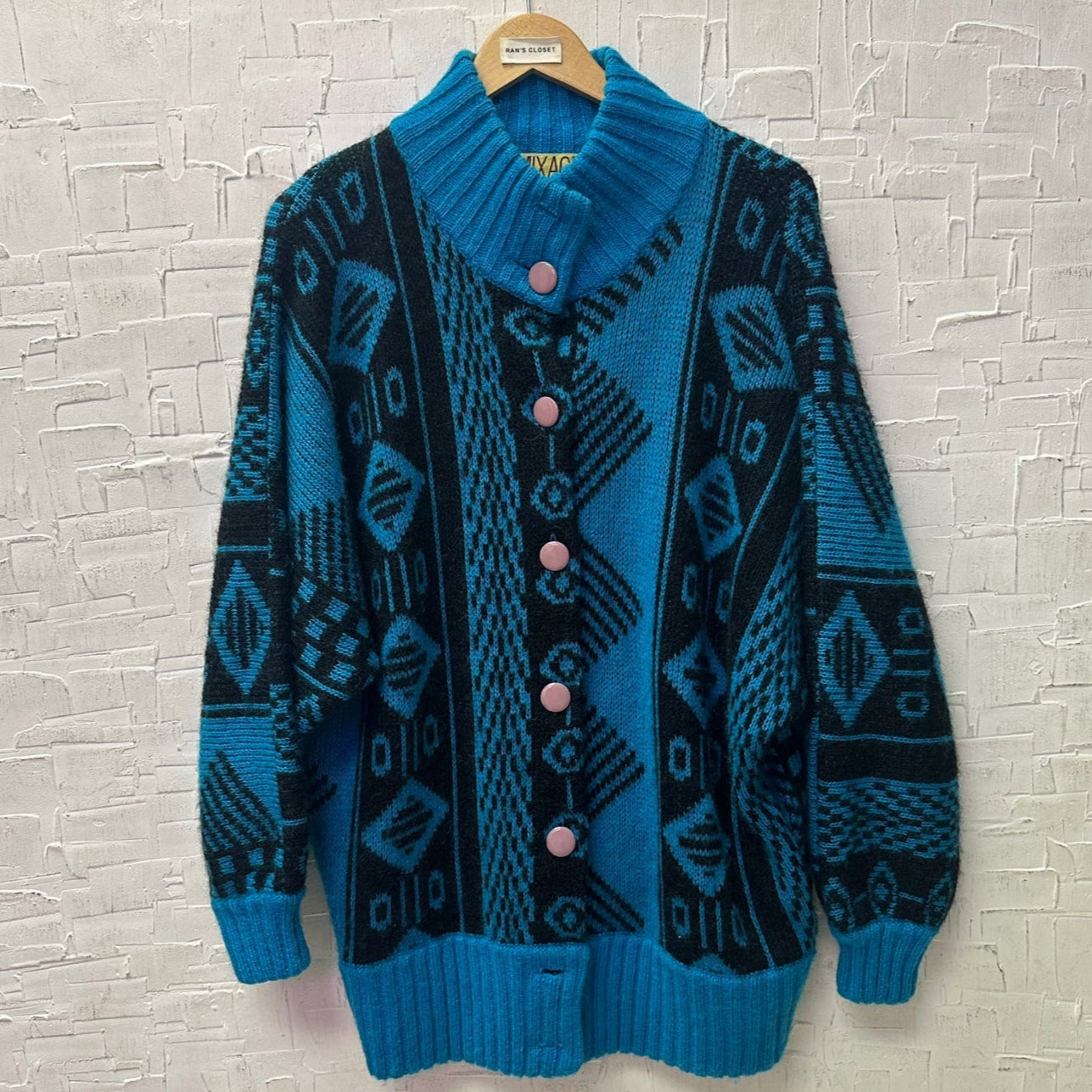 Vintage Mixage Funky Print Wool Blend Oversized Cardigan