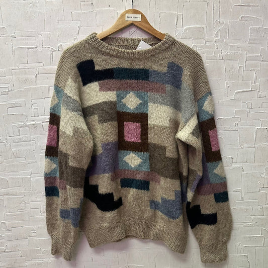 Vintage Oatmeal Sweater with Pastel Geometric Shapes