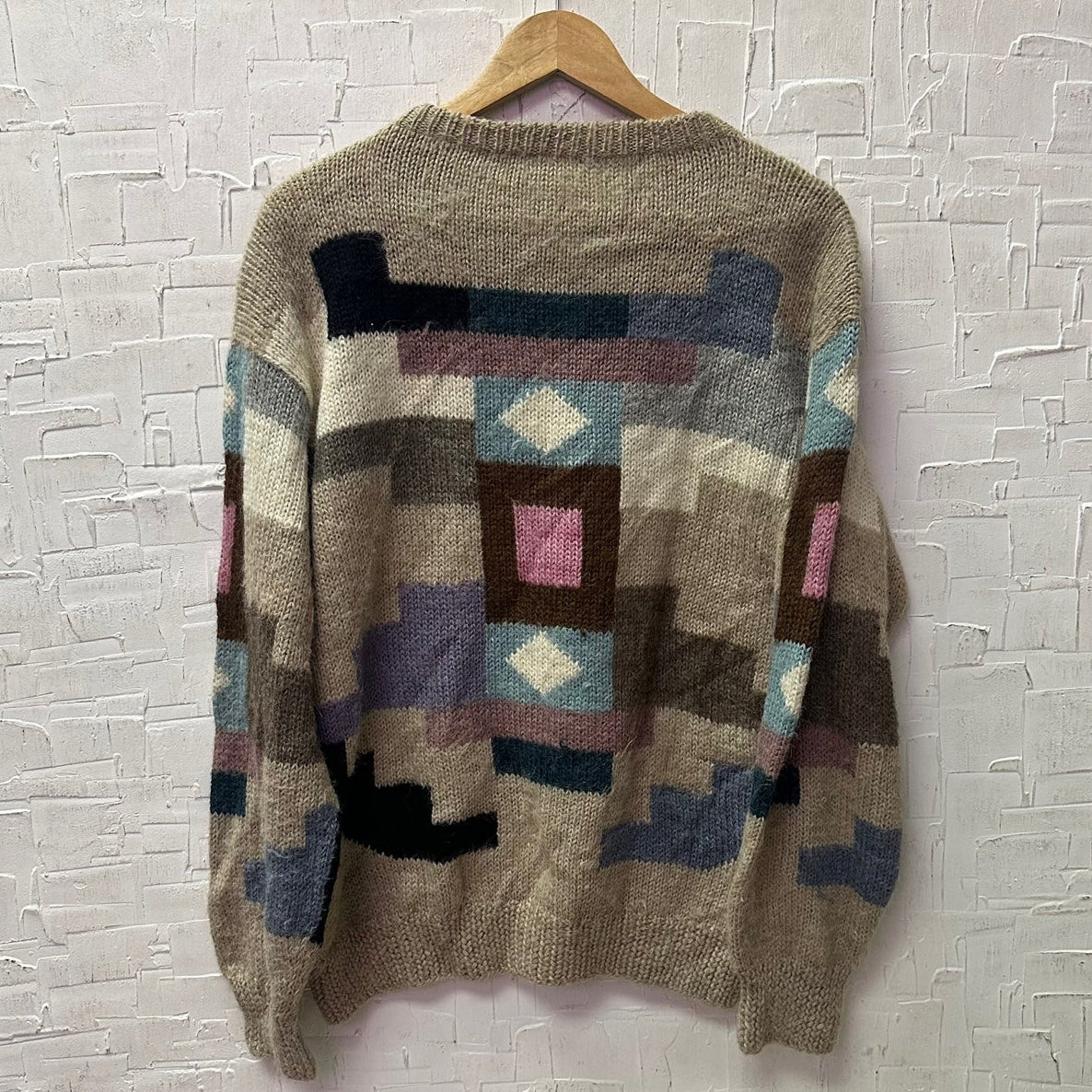 Vintage Oatmeal Sweater with Pastel Geometric Shapes