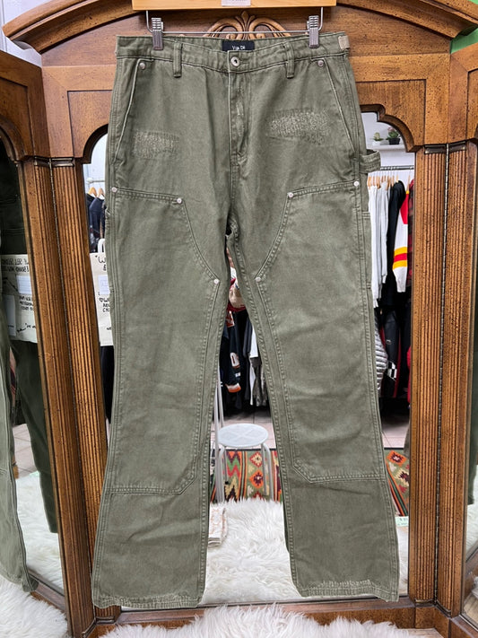 Vuja De Double Knee Distressed Army Green Cargo Pants