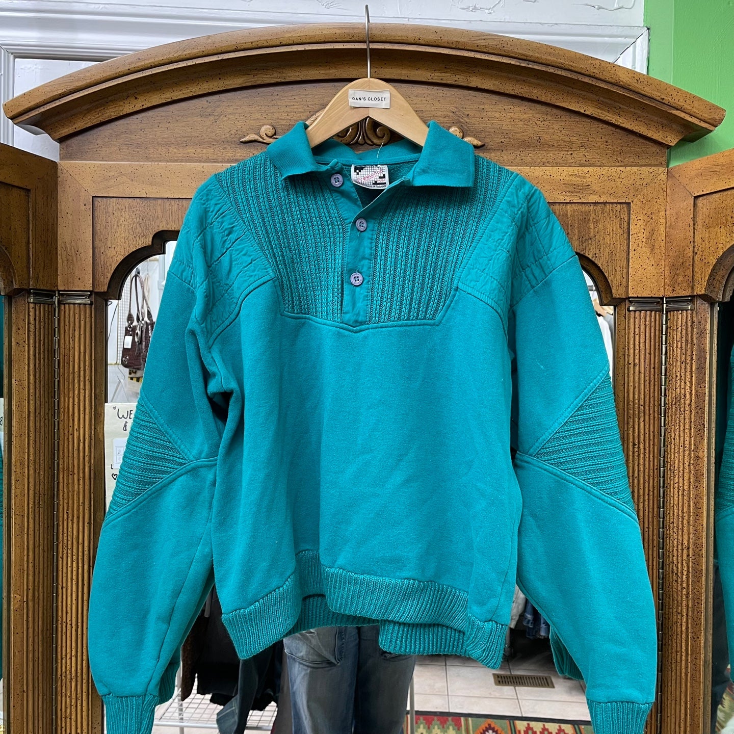 Vintage Teal Collared Sweatshirt With Knit Paneling