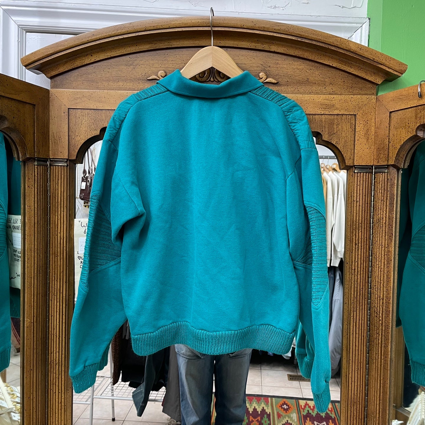 Vintage Teal Collared Sweatshirt With Knit Paneling