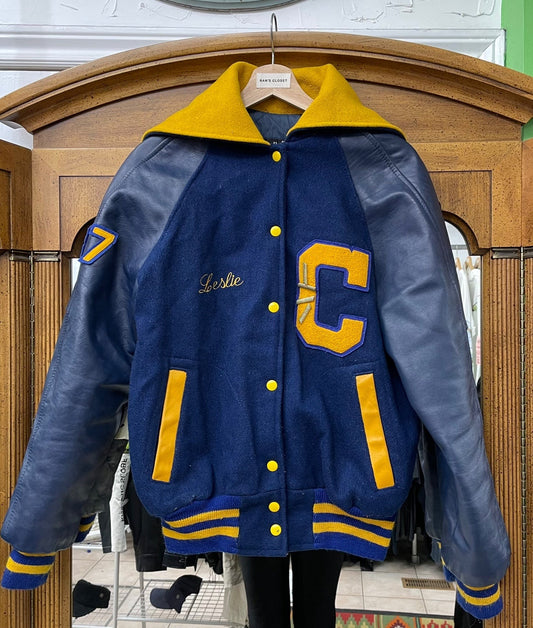 Vintage Fordham Clarinet Blue and Yellow Leather Varsity/Band Jacket