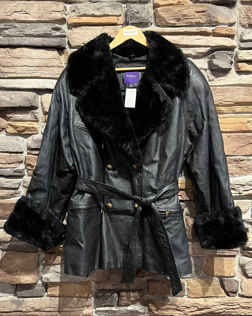 Vintage Leather Coat with Faux Fur Trim