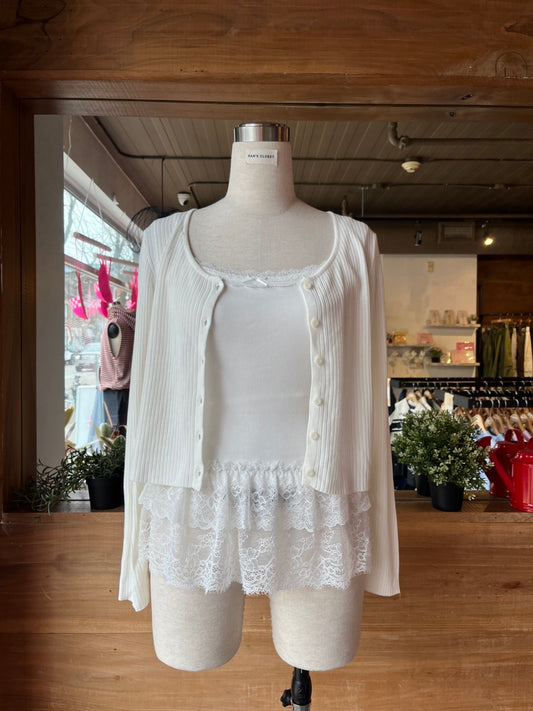 Cardigan and Lace Trim Tank Top Set