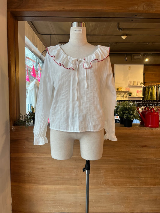 Red Embroidered Peter Pan Collar Blouse