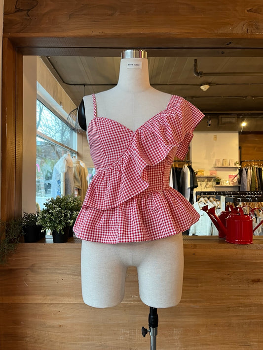 One Shoulder Gingham Ruffle Blouse