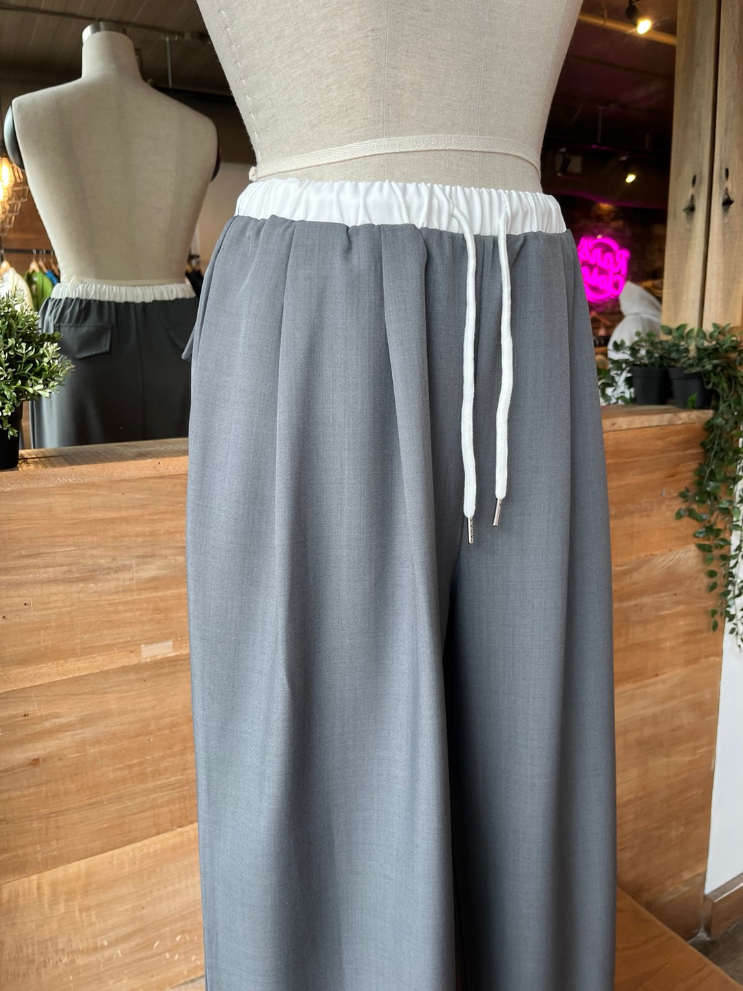 Pleated Trousers with White Waistband