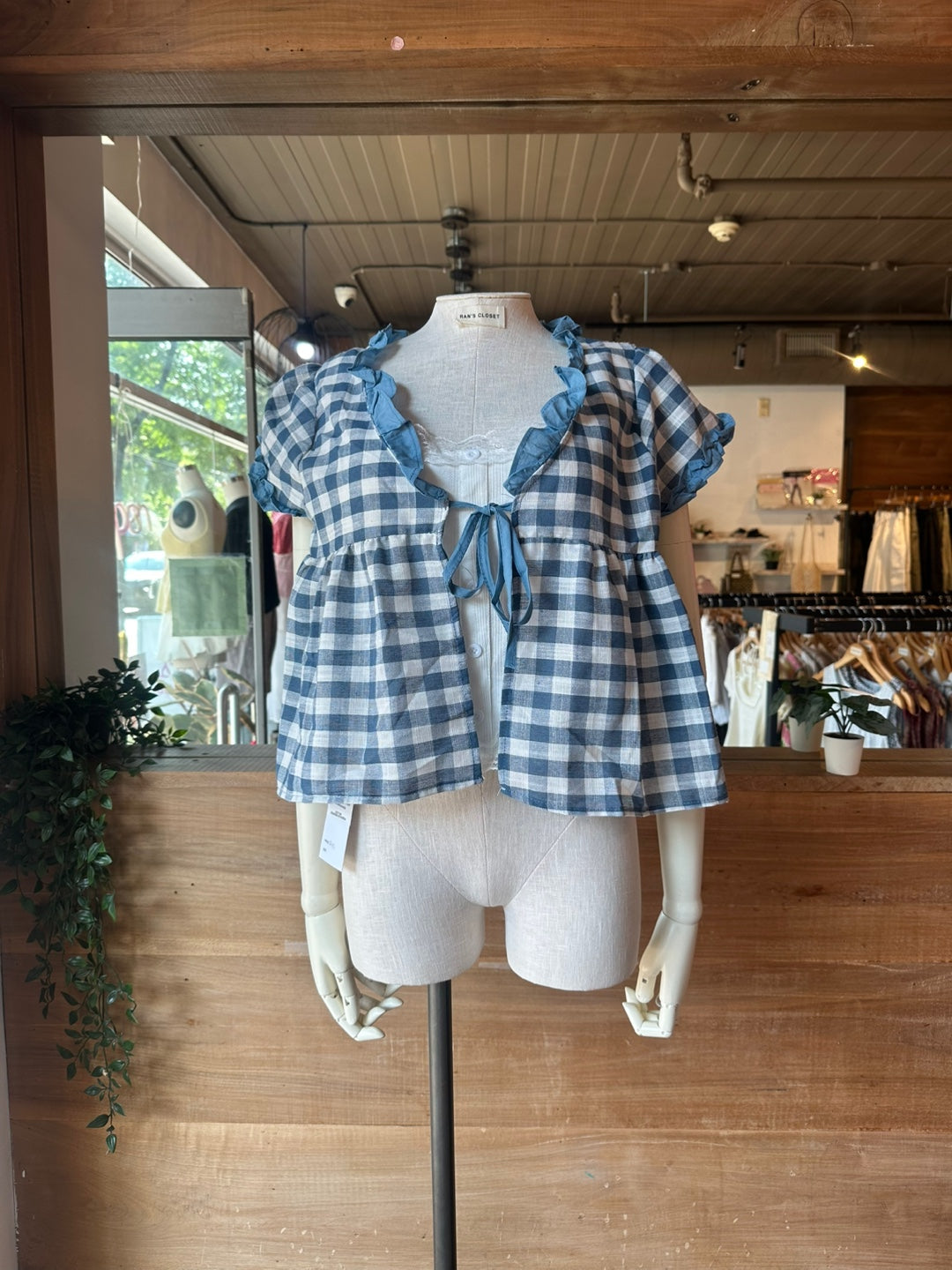 Gingham Tie Front Top with Built in Lace Cami