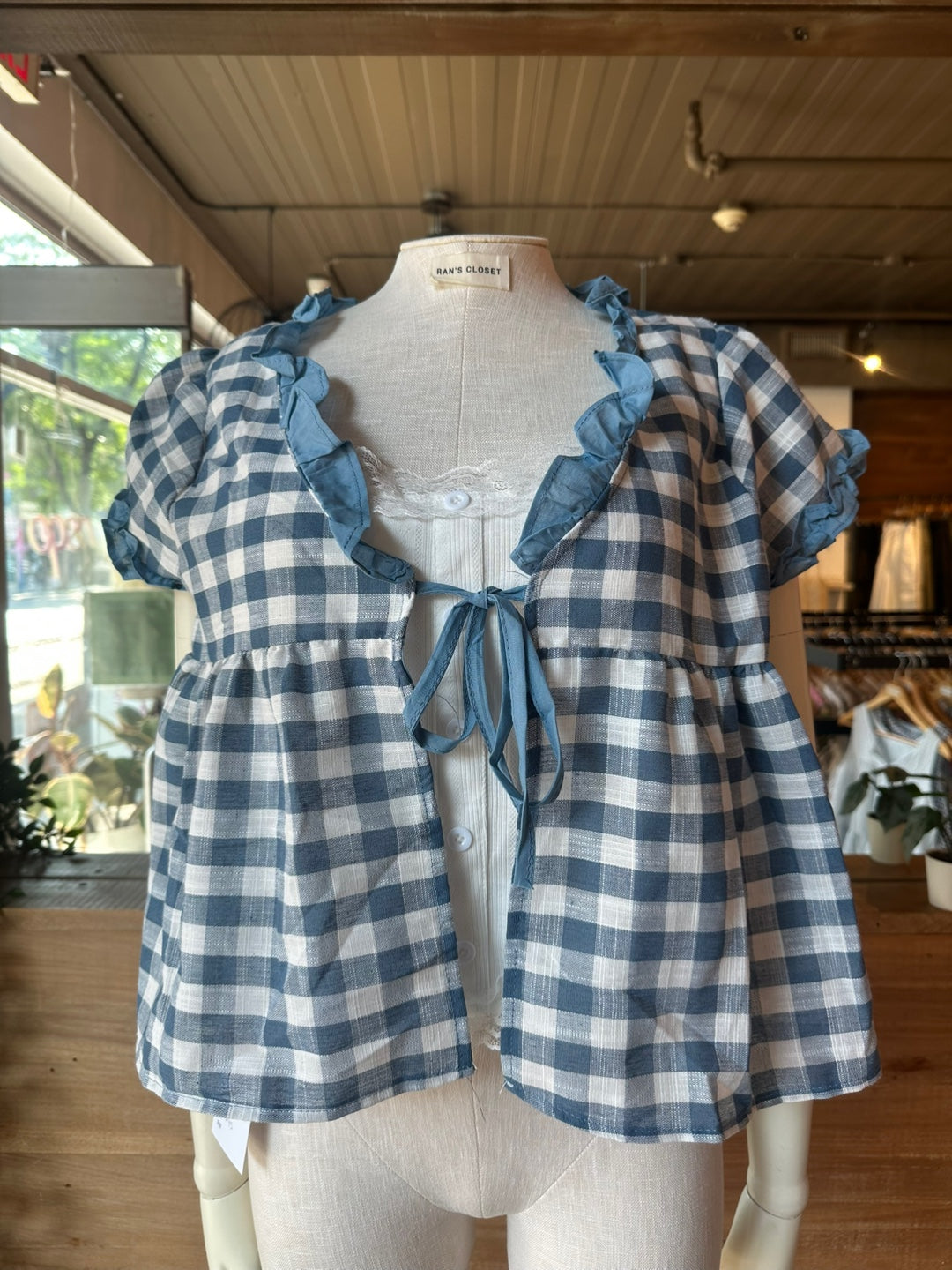 Gingham Tie Front Top with Built in Lace Cami