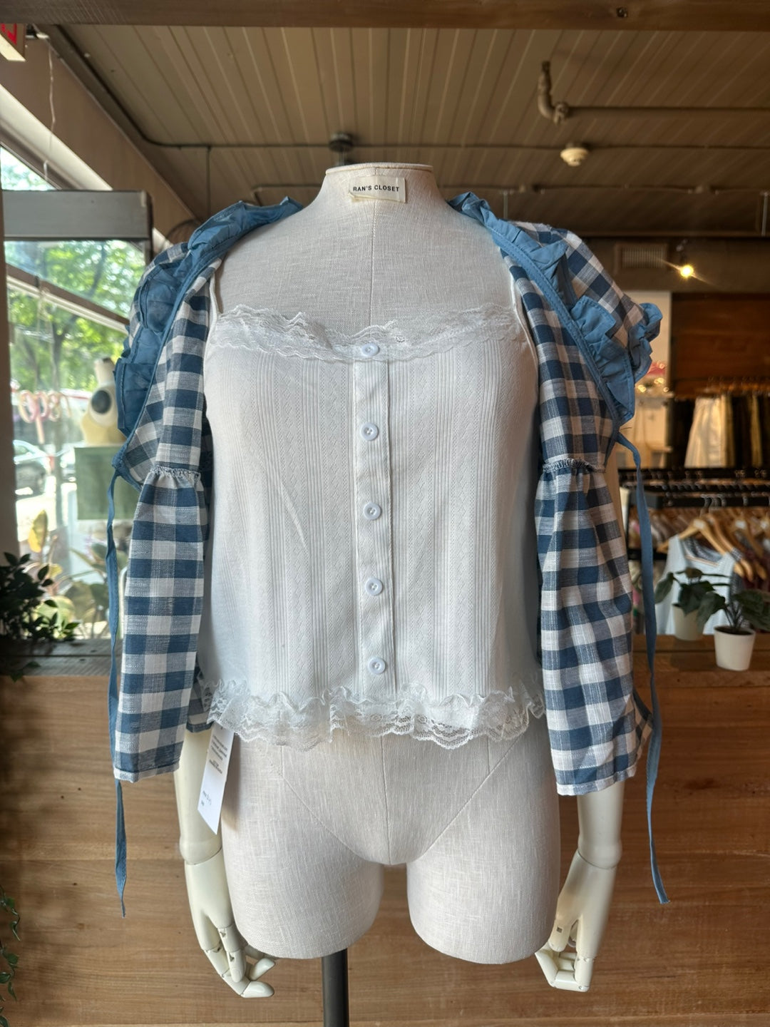 Gingham Tie Front Top with Built in Lace Cami