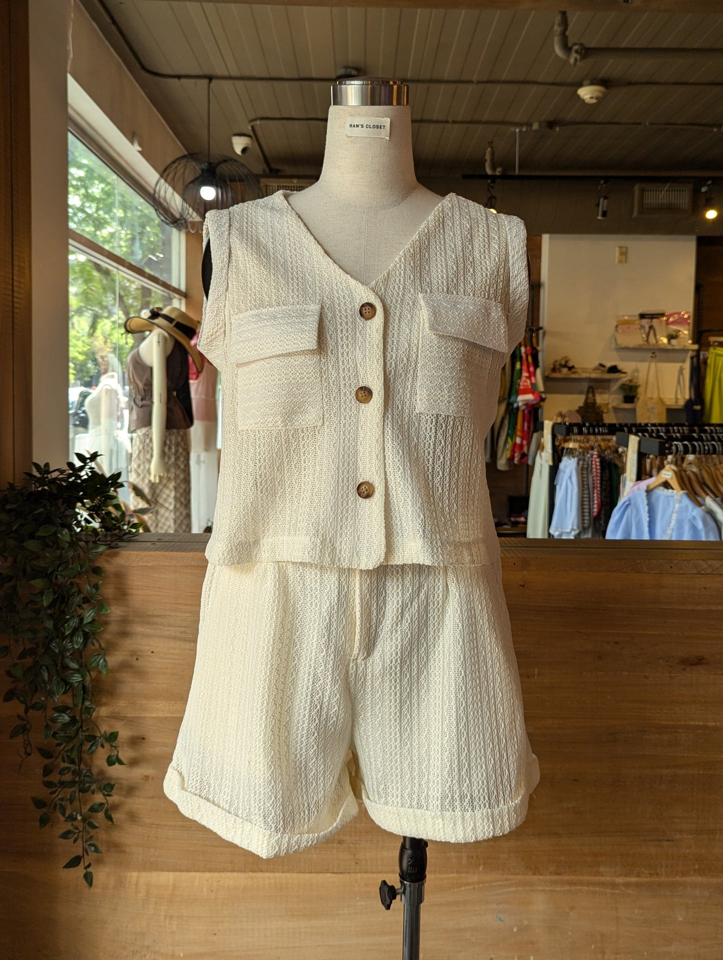 Mesh Patterned Button Up Top and Short Set