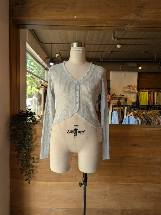 Sheer Button Up Cardigan with Ruffled Trim